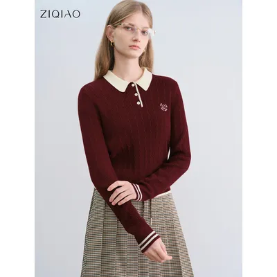 ZIQIAO Petite Size Retro Red Navy Blue College Style Polo Sweater For Women 2025 Autumn New Arrival Lapel Knitted Top 25ZQ93047