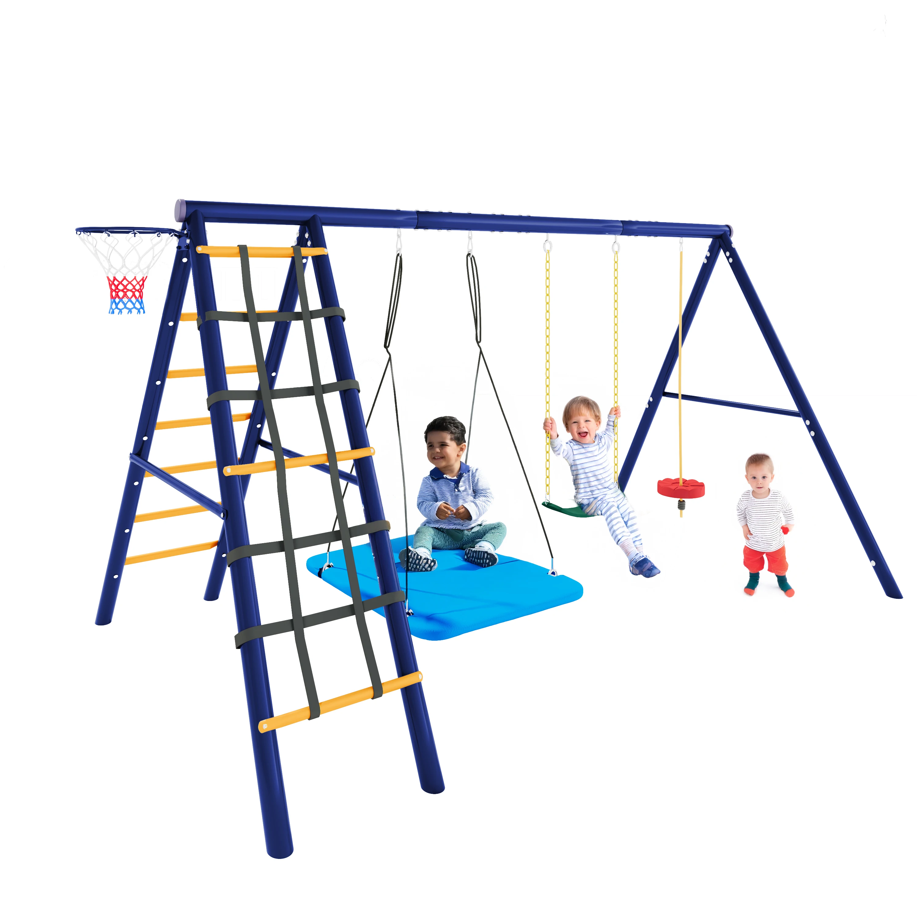 Multifunctional outdoor swing set, 3 swings + climbing frame + basketball hoop, outdoor swing combination, hanging swing Image