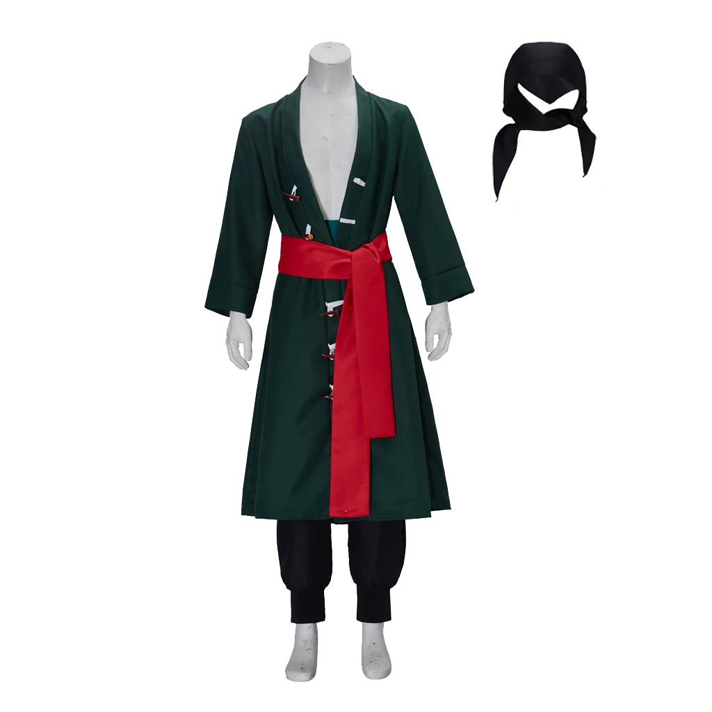 Anime Roronoa Cosplay Zoro Kostüm Uniform Grün Mantel Gürtel Hosen Kopf Schal Vollen Satz Erwachsene Männer Halloween Karneval Anzug Image