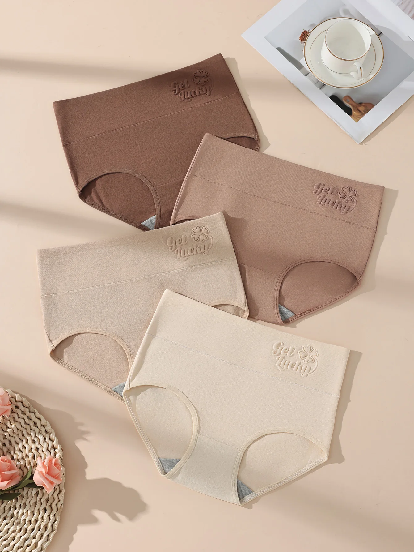 4-teilige Damen-Baumwollhöschen mit hoher Taille, Bauchkontrolle, Übergröße, weiche, atmungsaktive, nahtlose Unterwäsche, bequeme Alltags-Slips Image