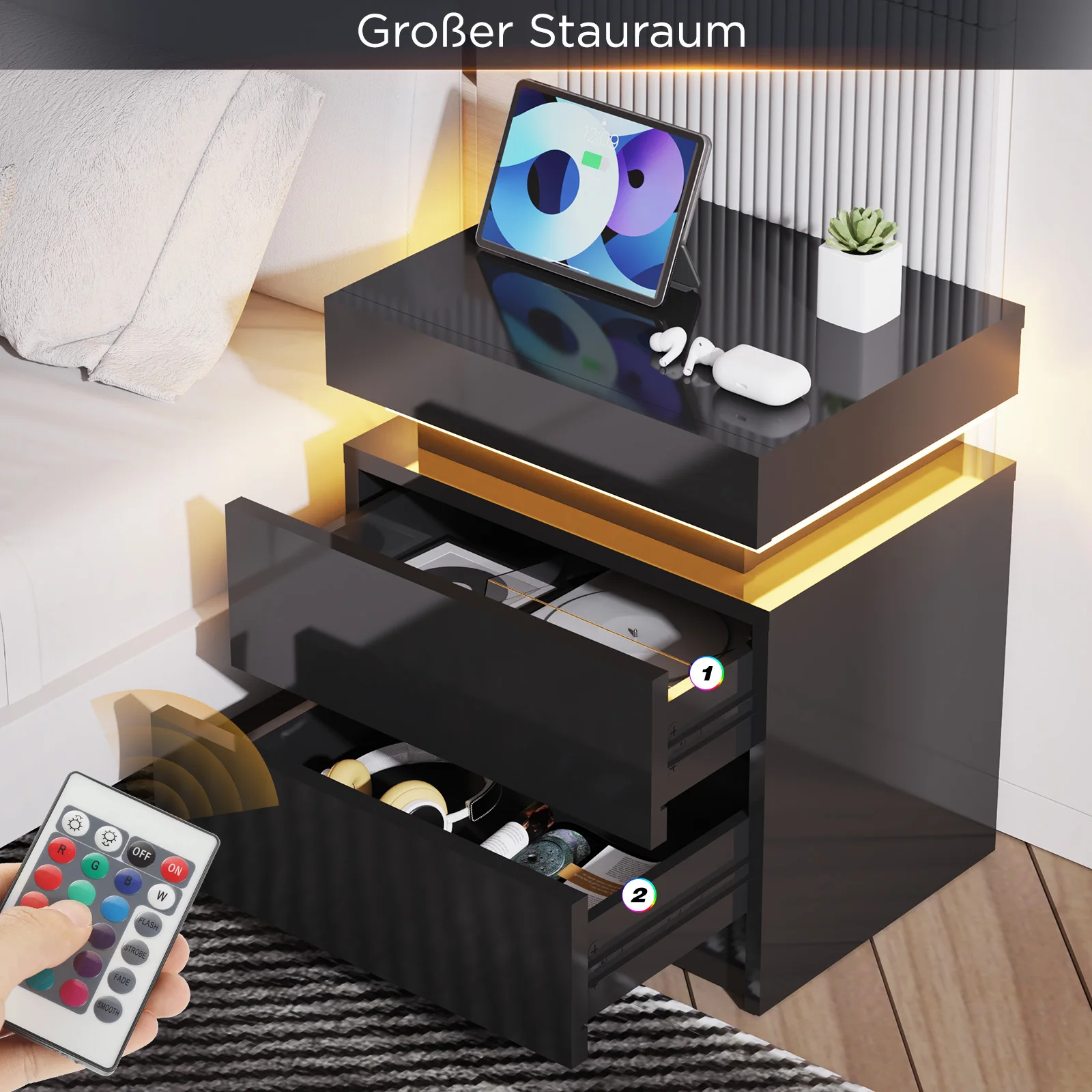 LED-Nachttisch mit 2 Schubladen und 1 oberer Schublade, Nachttisch mit 4-seitigem Hochglanz, 16 RGB-LED-Farben, Beistelltisch-Nacht