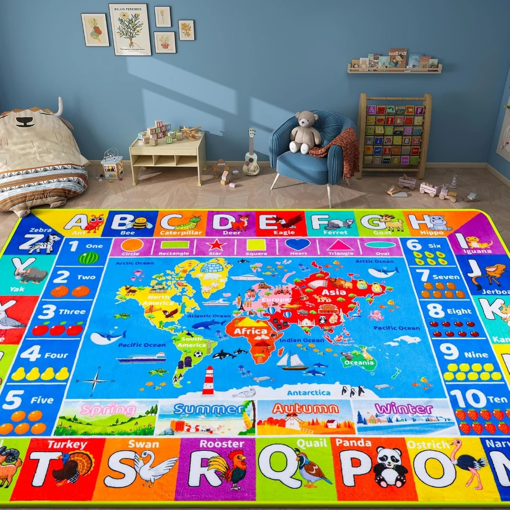 Weltkarte ABC Kinderteppich für Spielzimmer, Klassenzimmer, Spielteppich, Baby-Spielmatte, Alphabet-Teppich, Grundschule, Vorschulmatte, Raumlernutzung