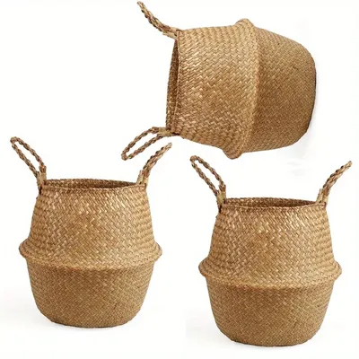 1pc Set of Versatile Woven Seagrass Baskets with Handles - Perfect for Laundry, Picnics, Plant Pots, Beach Totes & Grocery Shop
