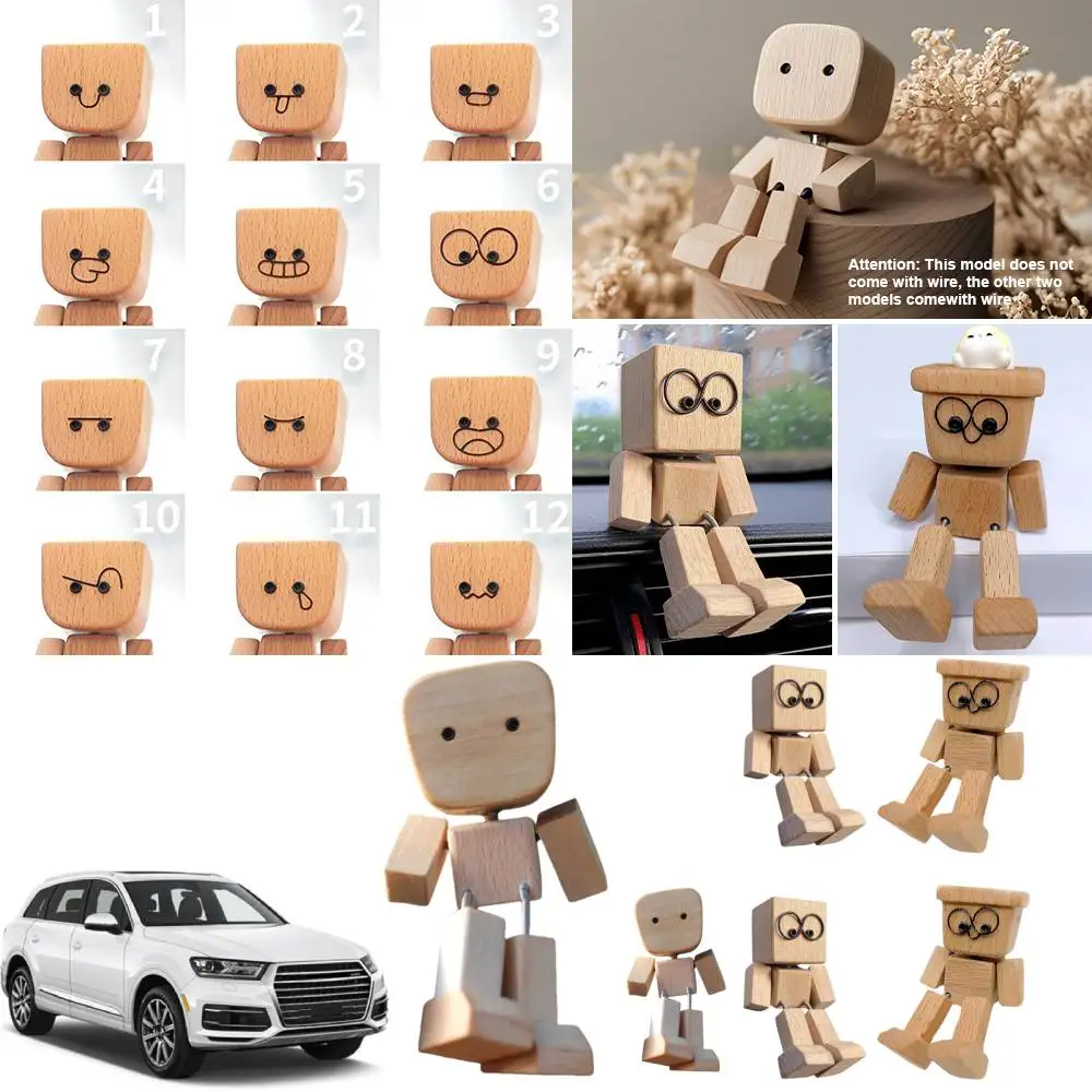 Schüttelnde hölzerne Mann-Figur, Auto-Dekoration, kleine Ornamente, beinschwingende Roboter-Figur, niedlicher Holzmann-Auto, gute kreative Geschenke Image