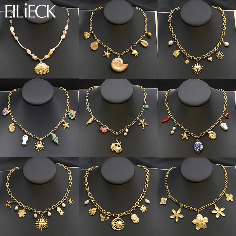 EILIECK 316L Edelstahl Seestern Shell Sonne Anhänger Halskette Für Frauen Neue 18K Gold Überzogene Sommer Charme Handgemachten Schmuck Image