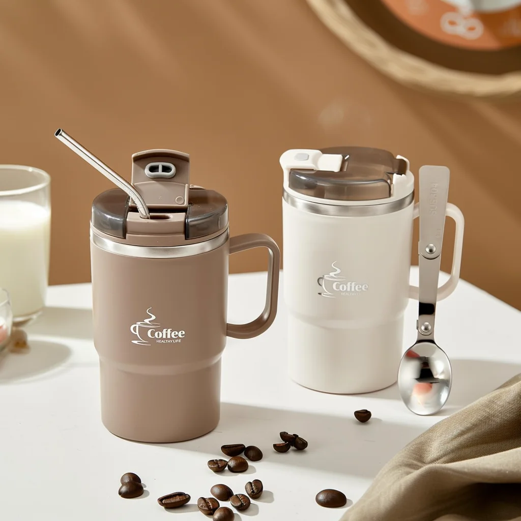 WORTHBUY Becher aus Edelstahl 304, doppellagig, isolierte Kaffeetasse mit Löffel und Sieb, versiegelter Thermobecher für Studenten und Erwachsene Image