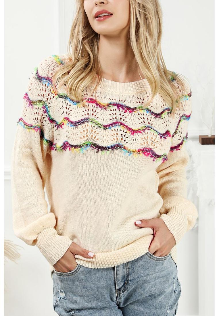 Durchbrochener gewellter gestreifter Pullover mit Rundhalsausschnitt Image