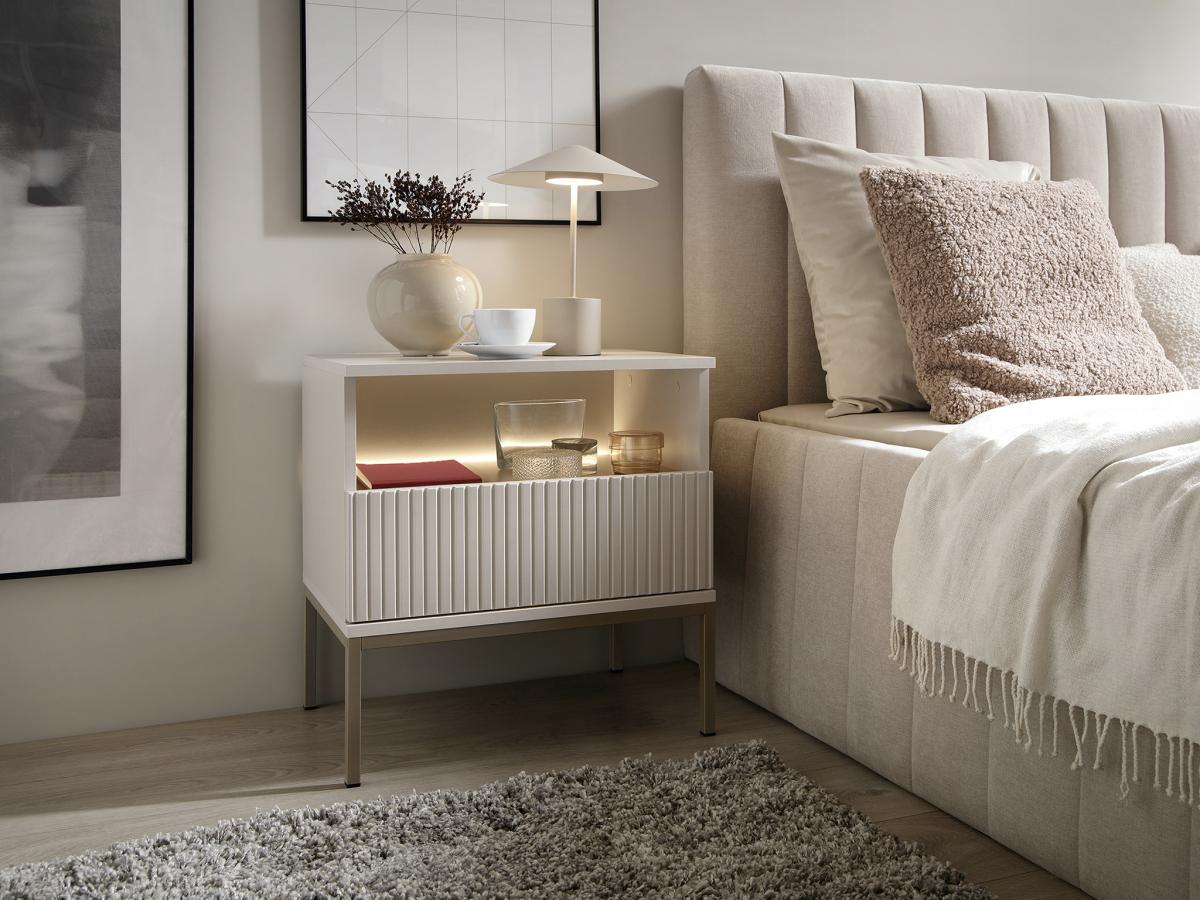 Comodino con 1 cassetto e 1 nicchia Con LED MDF e Vetro fumé Beige Lotto di 2 OVILA