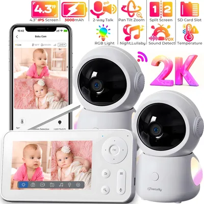 2K 3MP WiFi Baby Monitor with Two Camera Split-Screen Baby Phone via APP Control & 4.3" IPS Screen Auto Tracking PTZ Baby Camera
