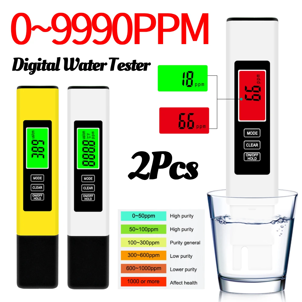 2 Stücke 4 in 1 Digitaler Wassertester TDS 0-9990 ppm 0,01 PH Hochpräziser Stift Wassertester 0-14 PH LCD PPM Tester Aquariumfilter Image