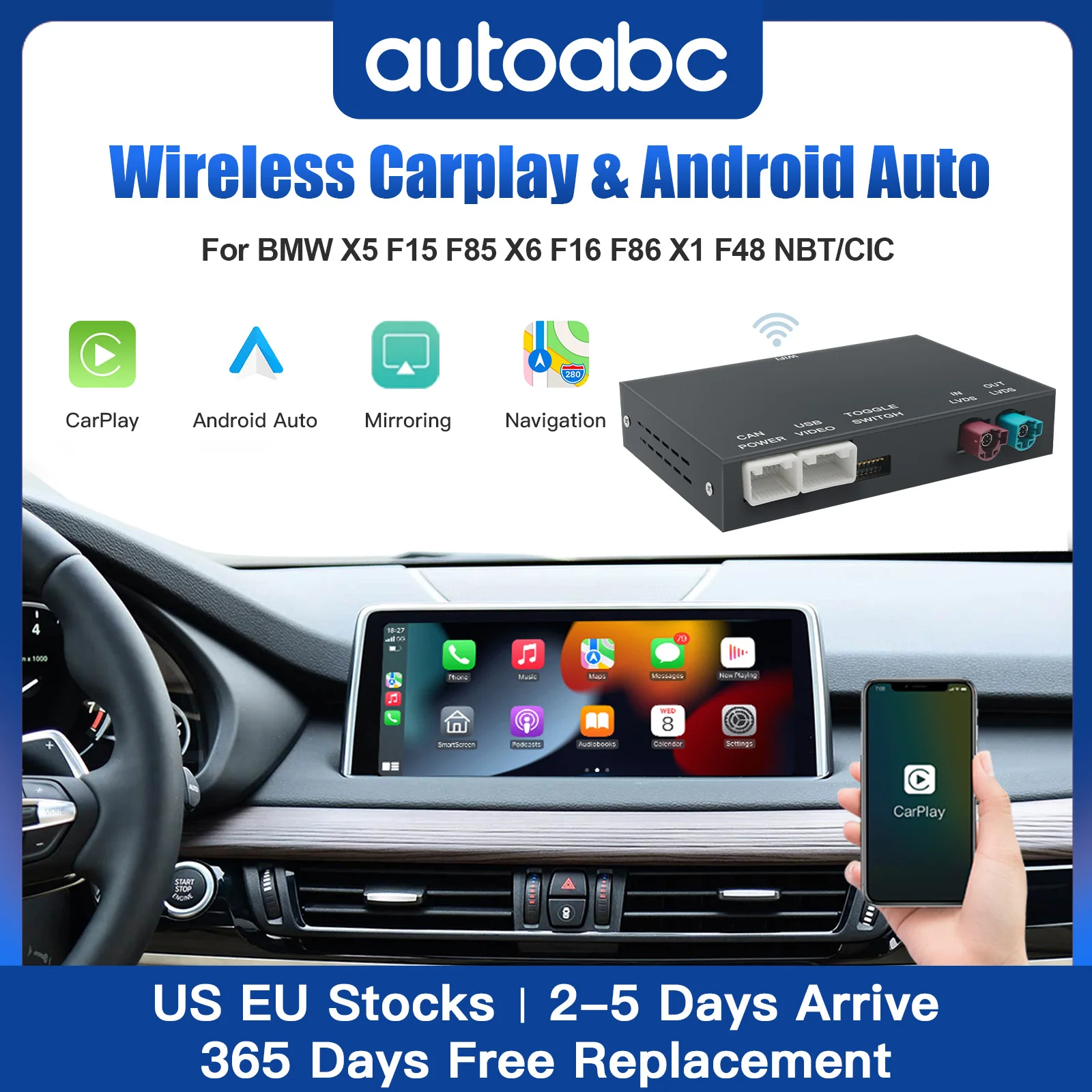 AUTOABC Wireless CarPlay für BMW NBT/CIC X5 F15 F85 E70 X6 F16 F86 E71 2013-2020 X1 F48 2016-2020 mit Android Auto Mirror Link Image