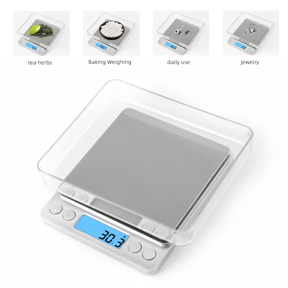 Bilancia da cucina elettronica da 3000 g 0,1 g Bilancia digitale da 3 kg Bilancia con piattaforma tascabile Bilancia per gioielli con 2 vassoi