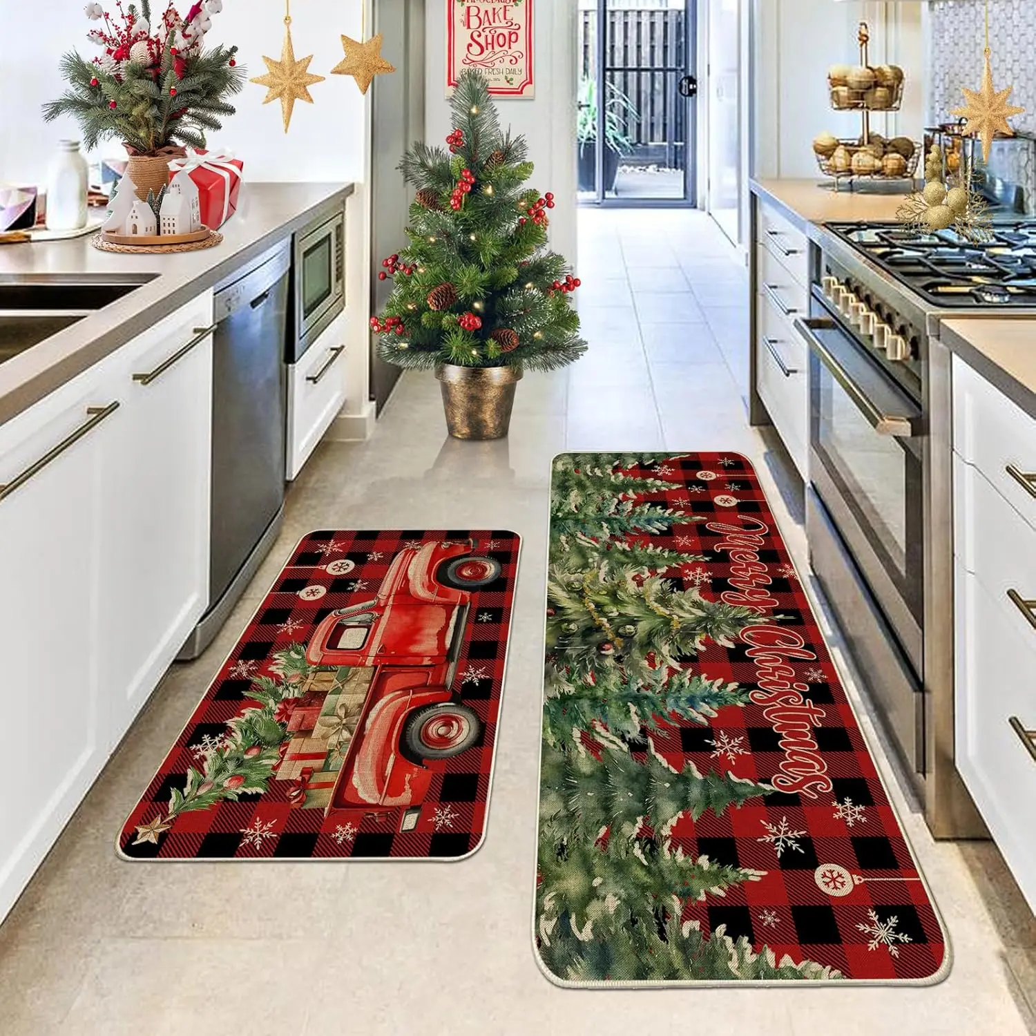 VIKAMA 1/2 Stück Weihnachtsküchenteppiche LKW Weihnachtsbaum Schlafzimmer Flur Teppiche Eintrag Willkommen Fußmatte Heimdekoration Image