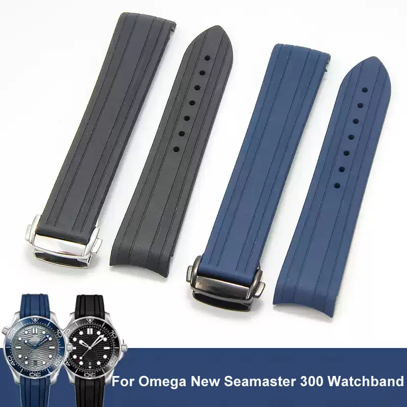 Gummi-Uhrenarmband für Omega New Seamaster 300 Uhrenarmband, hochwertiges Uhrenarmband, Faltschließe, gebogenes Ende, Zubehör 20 mm Image