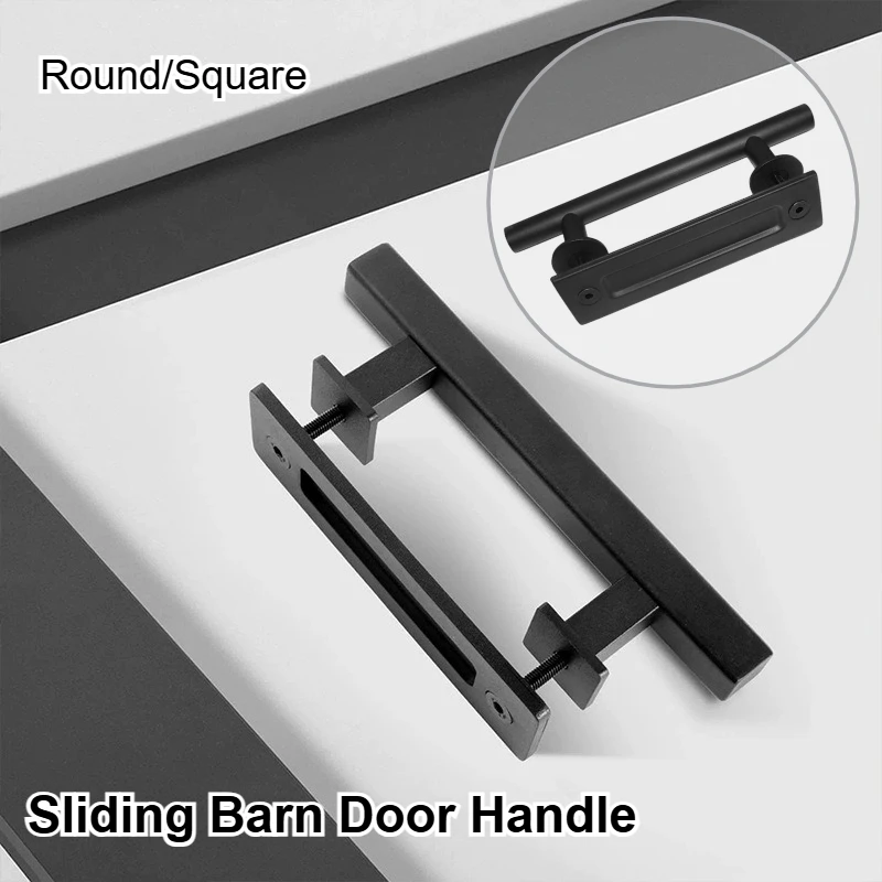 Schiebetürgriff für Scheunentür, bündiges Hardware-Set, 30 cm, schwarz, rund, quadratisch, doppelseitig, Innentür aus Holz, Glastür, Möbelgriff Image