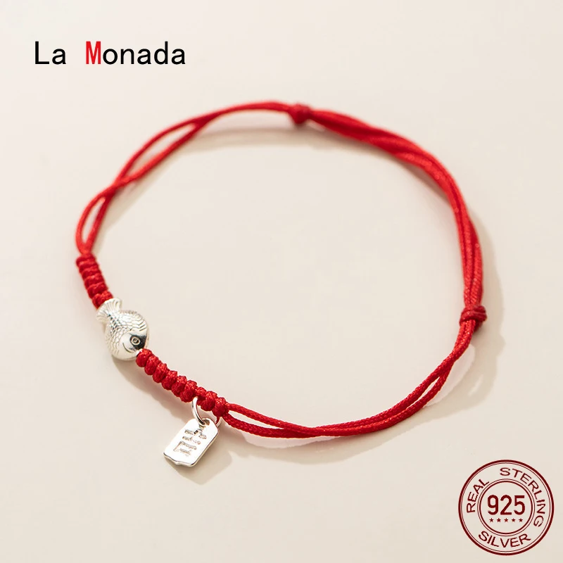 La Monada Armbänder aus 925er Silber, Fisch, rotes Seil, roter Faden, Schnur, Schmuck, Armbänder für Frauen, Glück, verstellbarer Segen