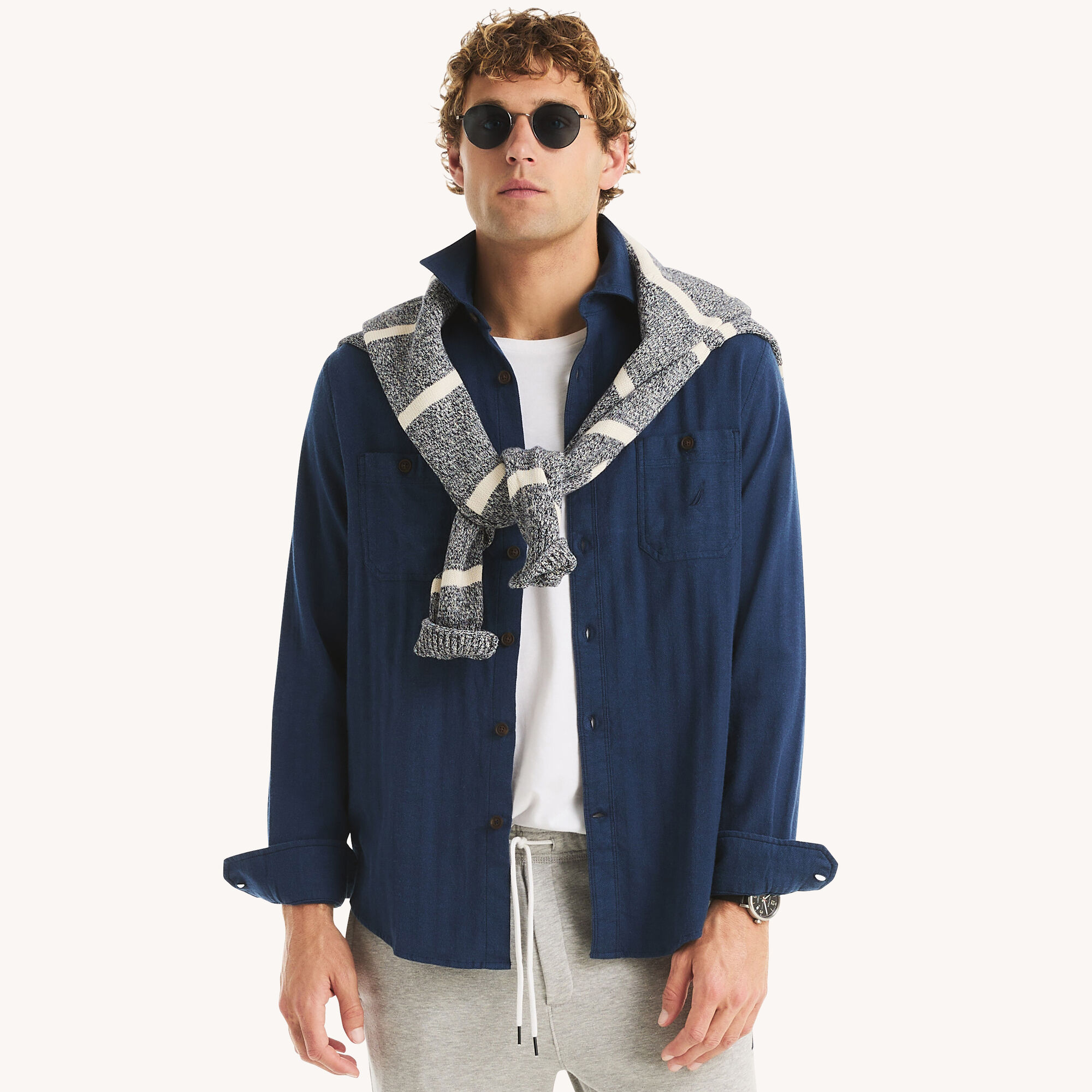 Nautica Men's Herringbone Flannel Shirt 482 (Stellar Blue Heather), M