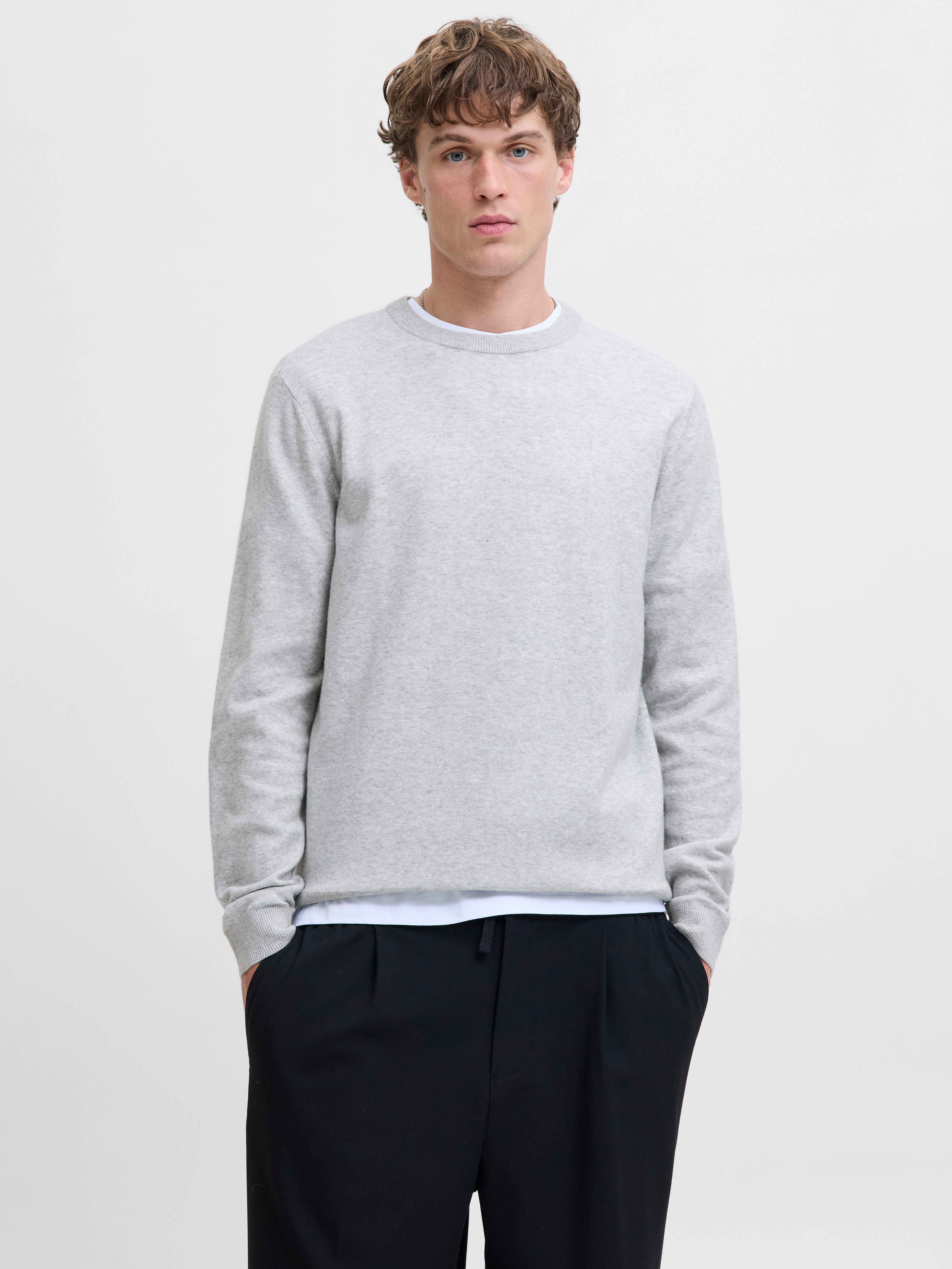 Strickpullover JACK & JONES "JJEPERFECT WOOL KNIT CREW NECK SN", Damen, Gr. XL, grau (light grau melange), Strick, Obermaterial: 32% Baumwolle, 28% Polyester, 20% Wolle, 20% Nylon, meliert, regular fit, Rundhals, Bündchen, Pullover Strickpullover