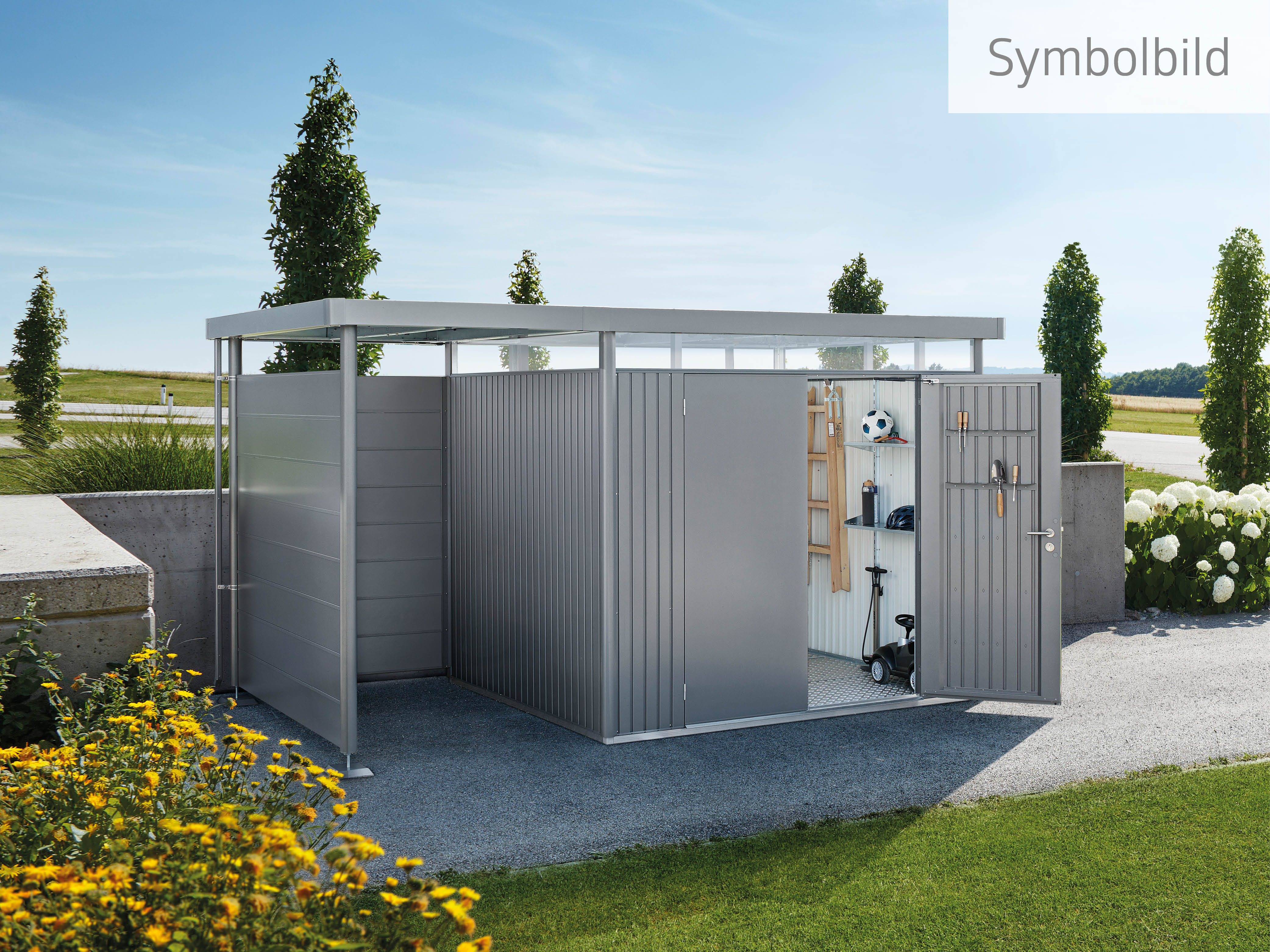 Gerätehaus BIOHORT "HIGHLINE Gr. H4, verschiedene Farben", grau (quarzgrau, metallic), Stahl, Gerätehäuser, stylisches Metall-Gartenhaus mit Flachdach