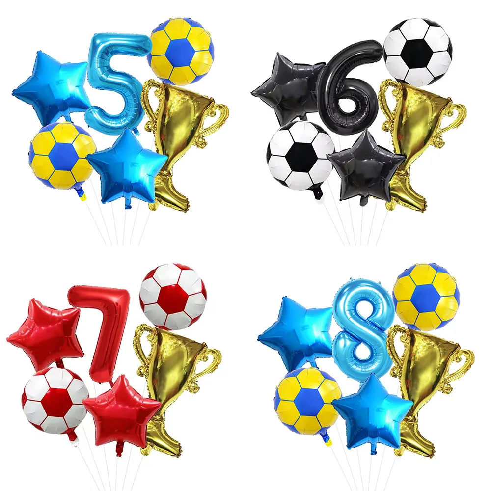 6pcs Boys Football Trophy Helium Balloons Birthday Party Decorations Children's Gifts 32inch Black Blue Red Digit Number Balloon