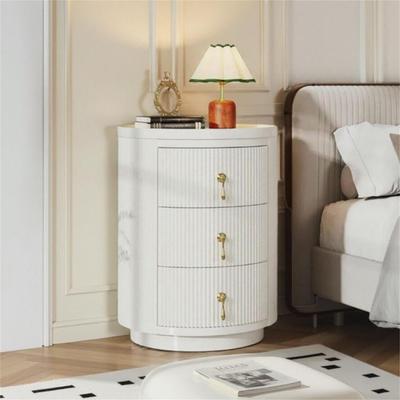 Round Nightstand with 3 Drawers, Gold Handles, White, Fully Assembled