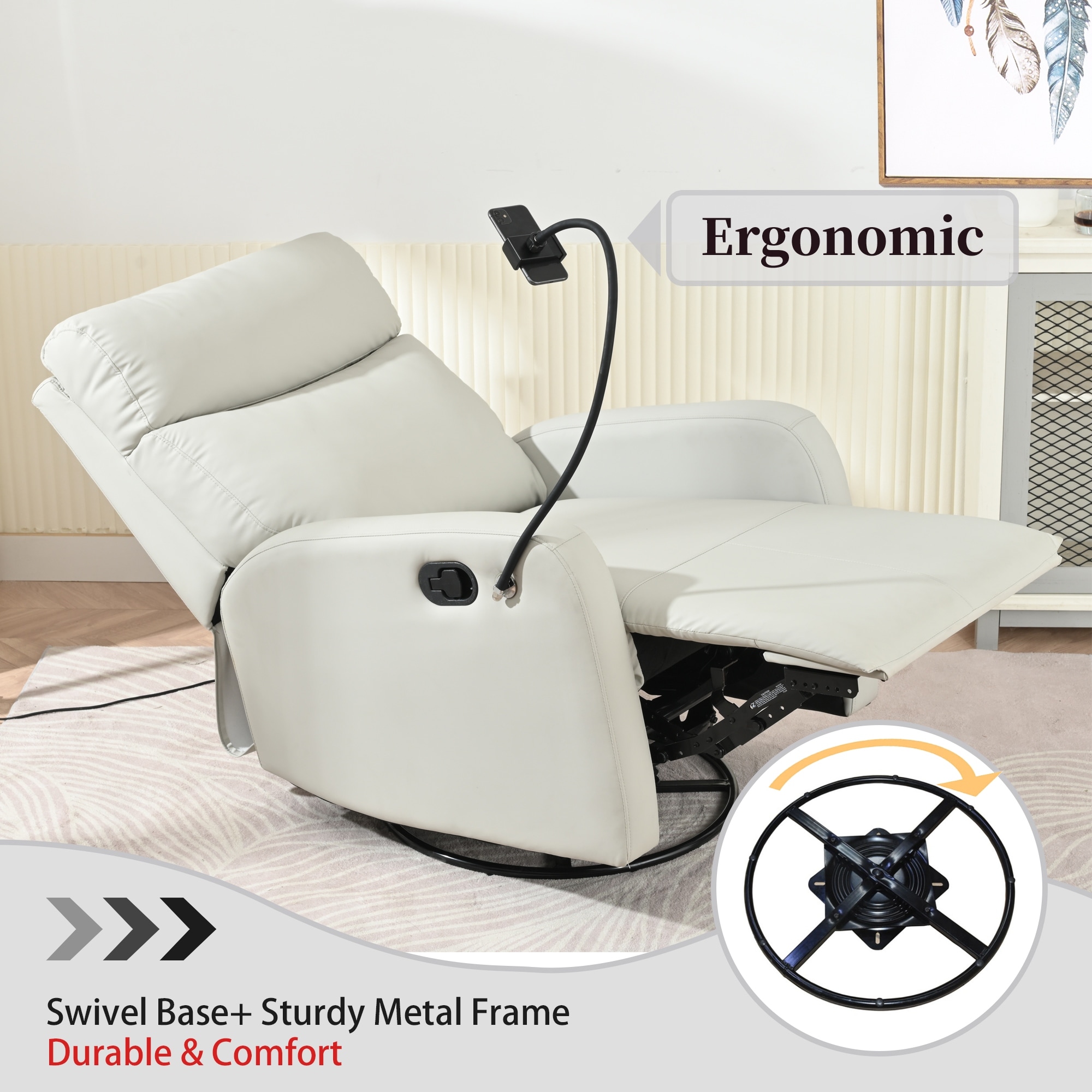 Swivel Recliner Chair with Phone Holder, PU Leather Upholstered Glider Rocking Chair, Small Recliner with Retractable Footstool