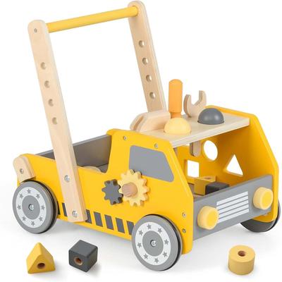 Baby Push Walker Wooden Toy Tool Bench & Car Walker w/Shape Sorter - Yellow + Gray