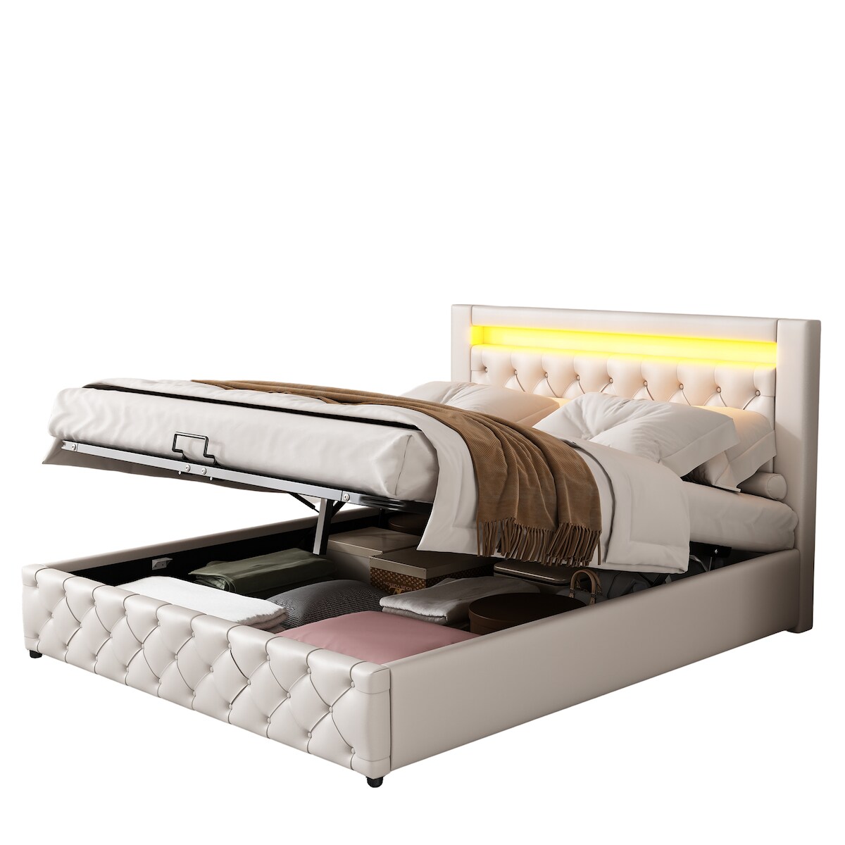 OKWISH Polsterbett 140x200 mit LED-Beleuchtung Stauraum ,Boxspringbett Optik ,Kunstleder Bettgestell,Modernes Bett mit Kopfteil LED Licht Weiß Image