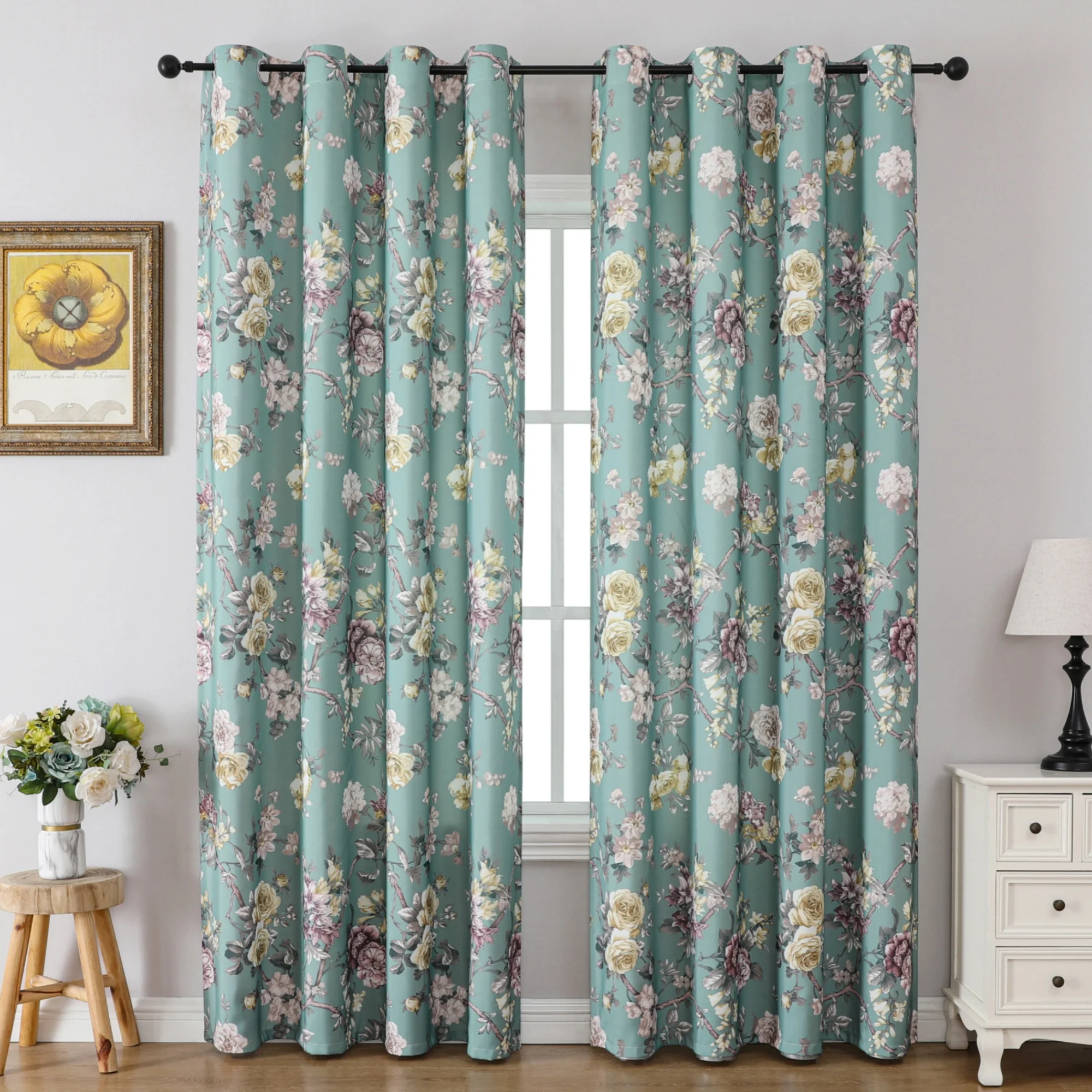 New American Country Large Floral Vintage Print Vorhang, leichte Lichtfiltervorhänge für Wohnzimmer, Schlafzimmer, Balkon Image