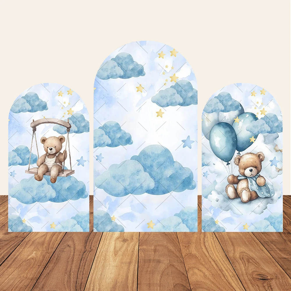 Elastische Bogenabdeckung für Kindergeburtstag, Babyparty, Foto-Requisite, Weicher Stoff, Blaue Wolken, Heißluftballon, Teddybär, Partydekoration Image