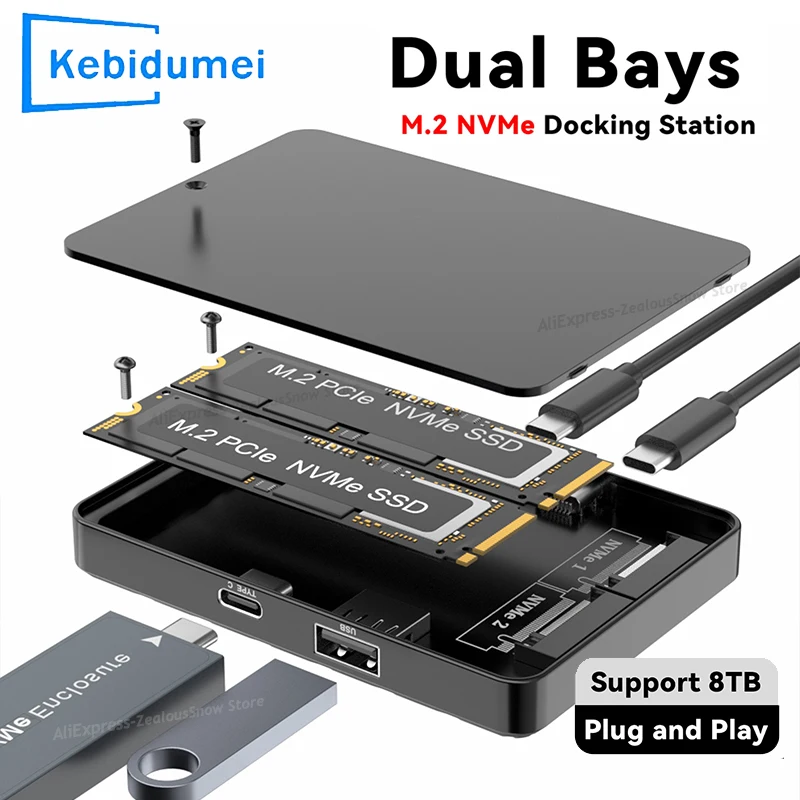 Dual Bays M2 NVME SSD Gehäuse RGB 10 Gbit/s PCIe NVME Dockingstation USB3.2 GEN2 Solid State M.2 Festplattenbox Adapter für PC Image