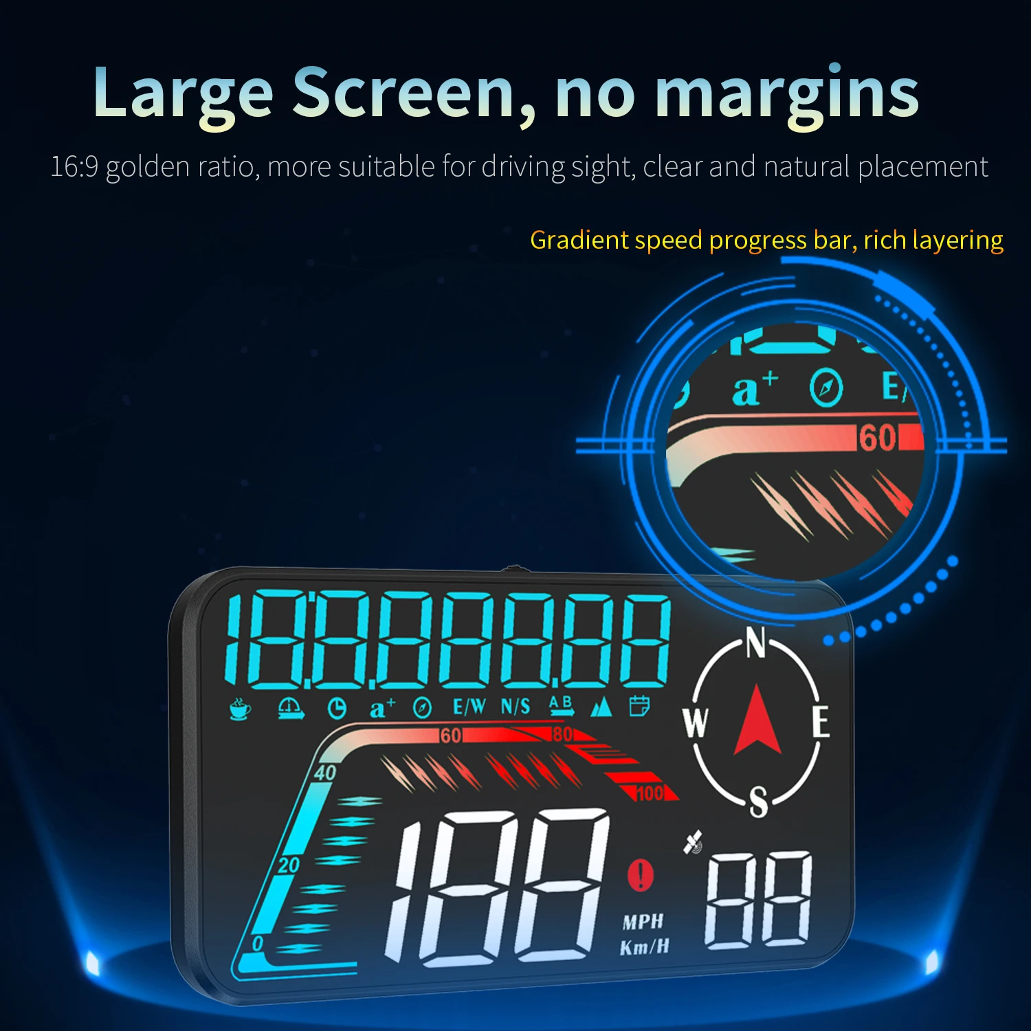 G12 Digitaler Auto-HUD-GPS-Tachometer, Head-Up-Display, Kompass, Übergeschwindigkeitsalarm, große Schriftart MPH, KMH, Plug-and-Play für alle Autos Image