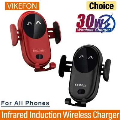 30W Automatic Clamping Infrared Induction Car Wireless Charger Stand for iPhone 16/15/14/13/12 Pro Max Samsung Galaxy S24 Plus