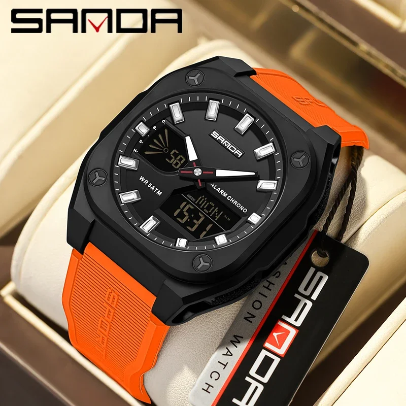 SANDA Luxus Herren Quarzuhr Militär Sport Chronograph Wasserdichte Uhr LED Leuchtende Dual Display Elektronische Mann Uhren Image