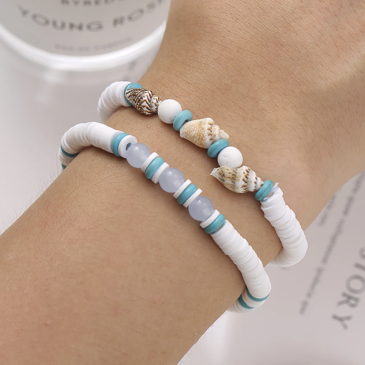 12PCS Shell Conch Charms Armband Set Für Frauen Polymer Clay Perlen Einstellbare Seil Armband Set Schmuck Geschenke Image