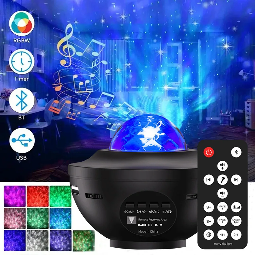 Proiettore stellato Luce notturna galassia con altoparlante musicale Ocean Wave Proiettore di luce cielo per l'arredamento della camera da letto Festa regalo di compleanno per bambini