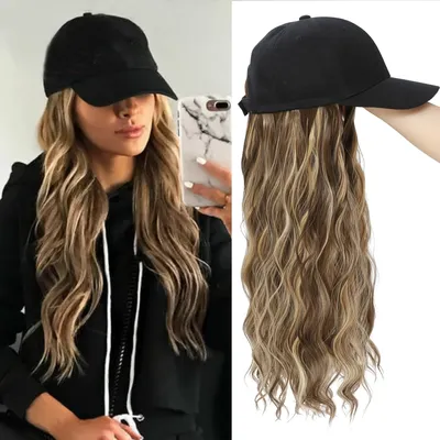 18" Women's Curly Wave Wig with Baseball Cap,Heat-Resistant Synthetic,Brown Highlights,Daily Outdoor/Beach Use,All Ethnicities