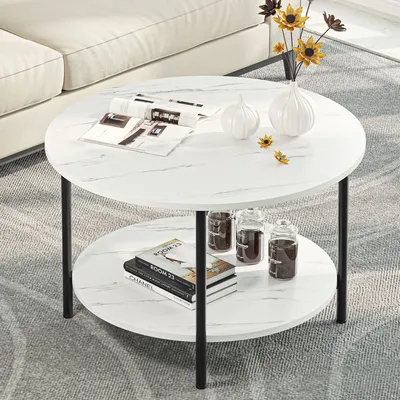 YITAHOME Round 2-Tier Coffee Table - Rustic Wood with Metal Legs & Storage for Living Room Patio