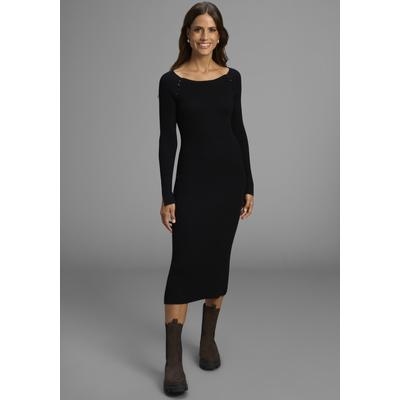 Strickkleid HECHTER PARIS, Damen, Gr. 34, N-Gr, schwarz solid, Strick, Obermaterial: 70% Viskose, 30% Polyamid, unifarben, feminin, figurbetont wadenlang, Rundhals, Langarm Raglanärmel, Kleider, mit Cutouts und Knöpfen - NEUE KOLLEKTION Image