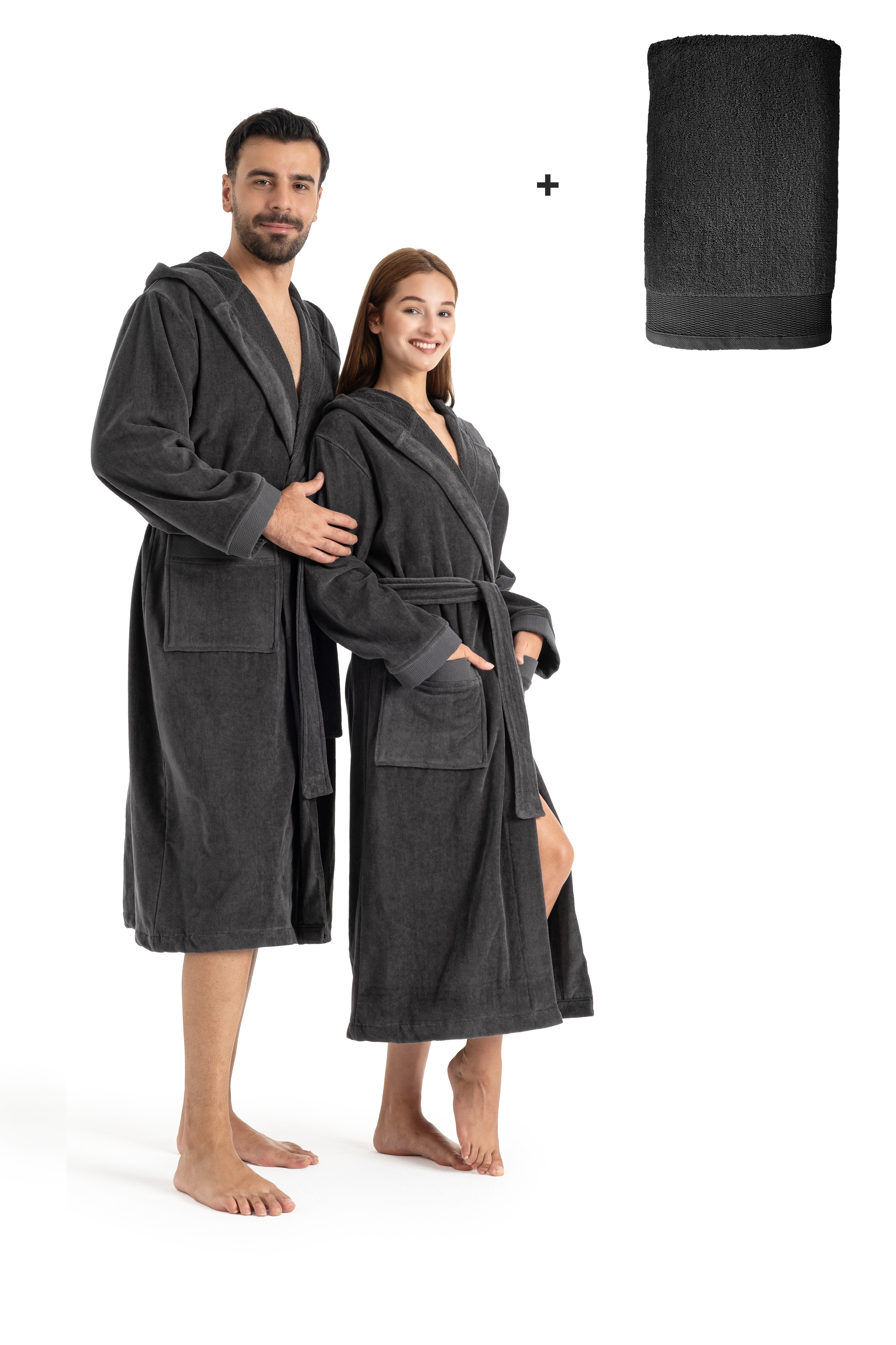 Unisex-Bademantel OTTO HOME "Fenya, 330 g/m², Premium, Hotelbademantel, Morgenmantel, Sauna & Spa" Gr. M, grau (anthrazit), L:120cm, Veloursfrottier, Hausmäntel, Reißverschlusstaschen, weich mit GRATIS-Zugabe: 1x Duschtuch 70x140 cm