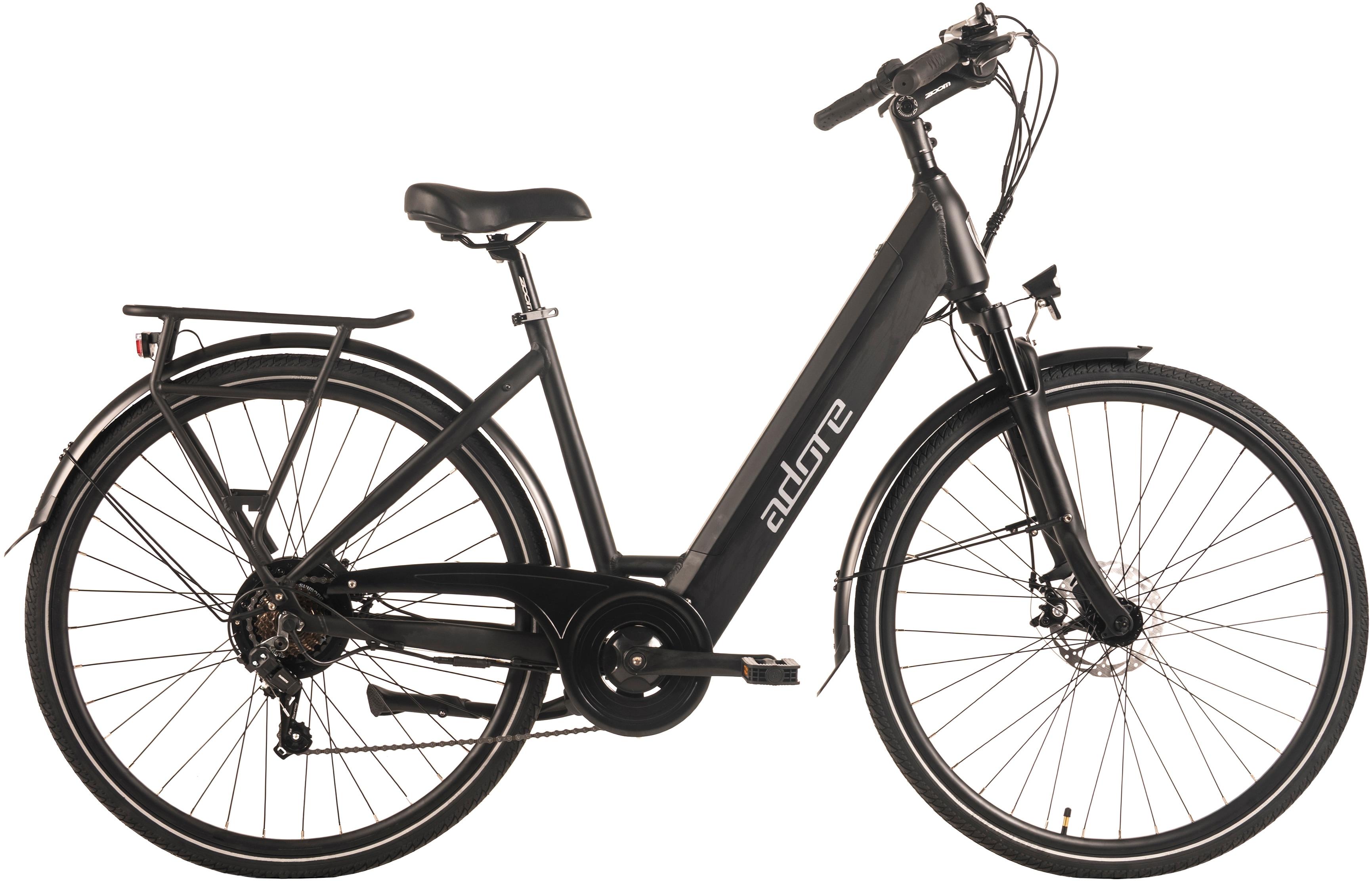 E-Bike ADORE "28" Alu Cityfahrrad CV-180 Heckmotor 50NM / 15Ah Schwarz matt" Gr. 48, schwarz (schwarz, schwarz), Elektrofahrräder, 48cm, 28 Zoll (71,12cm) Image
