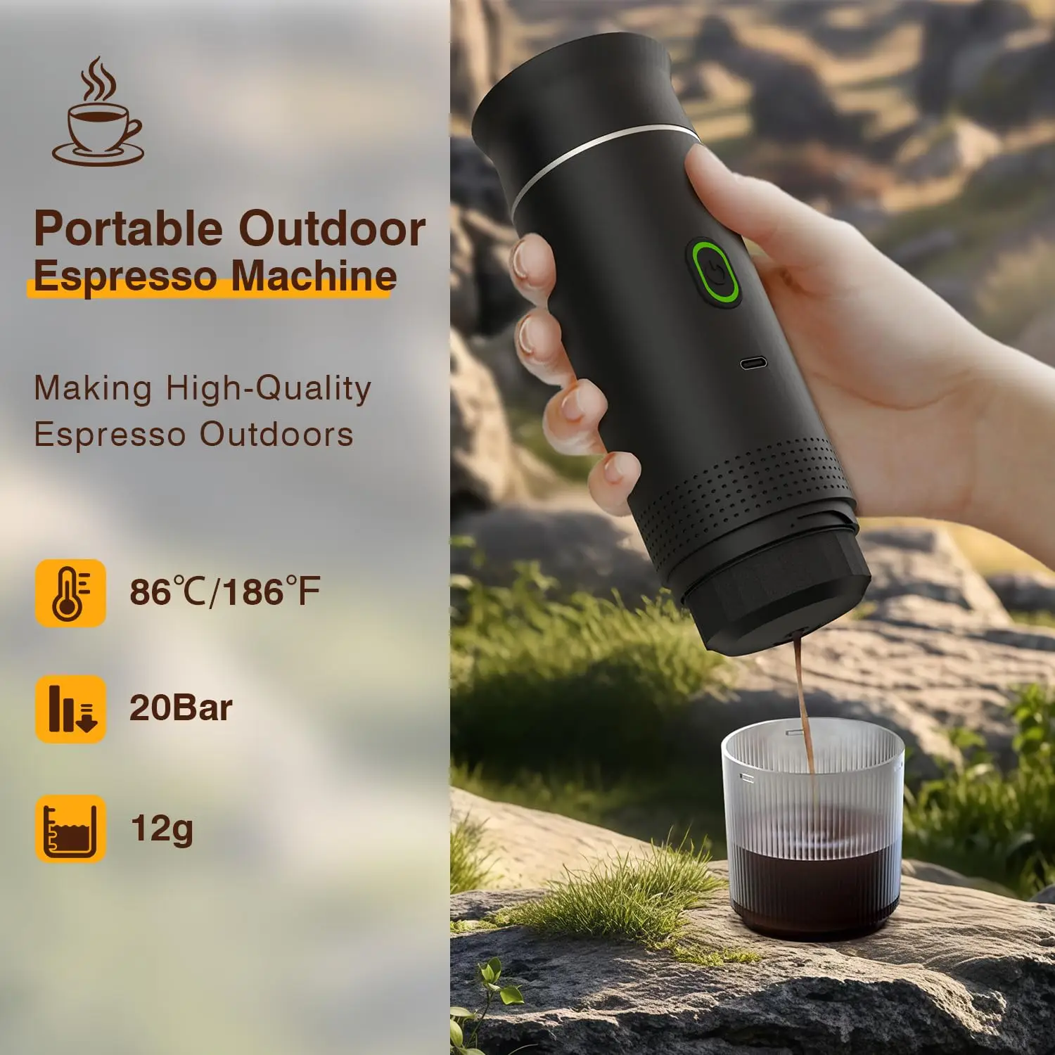 Tragbare Espressomaschine, Kaffeemaschine für unterwegs, 3-in-1 wiederaufladbare Kaffeemaschine für das Auto, kompatibel mit gemahlenem Kaffee
