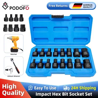 Podofo 16 Pcs 3/8 Inch Drive Air Hex Bit Socket Set Repair Tool Kit 6MM-19MM for Automobile Repair and Maintenance Tool Kit