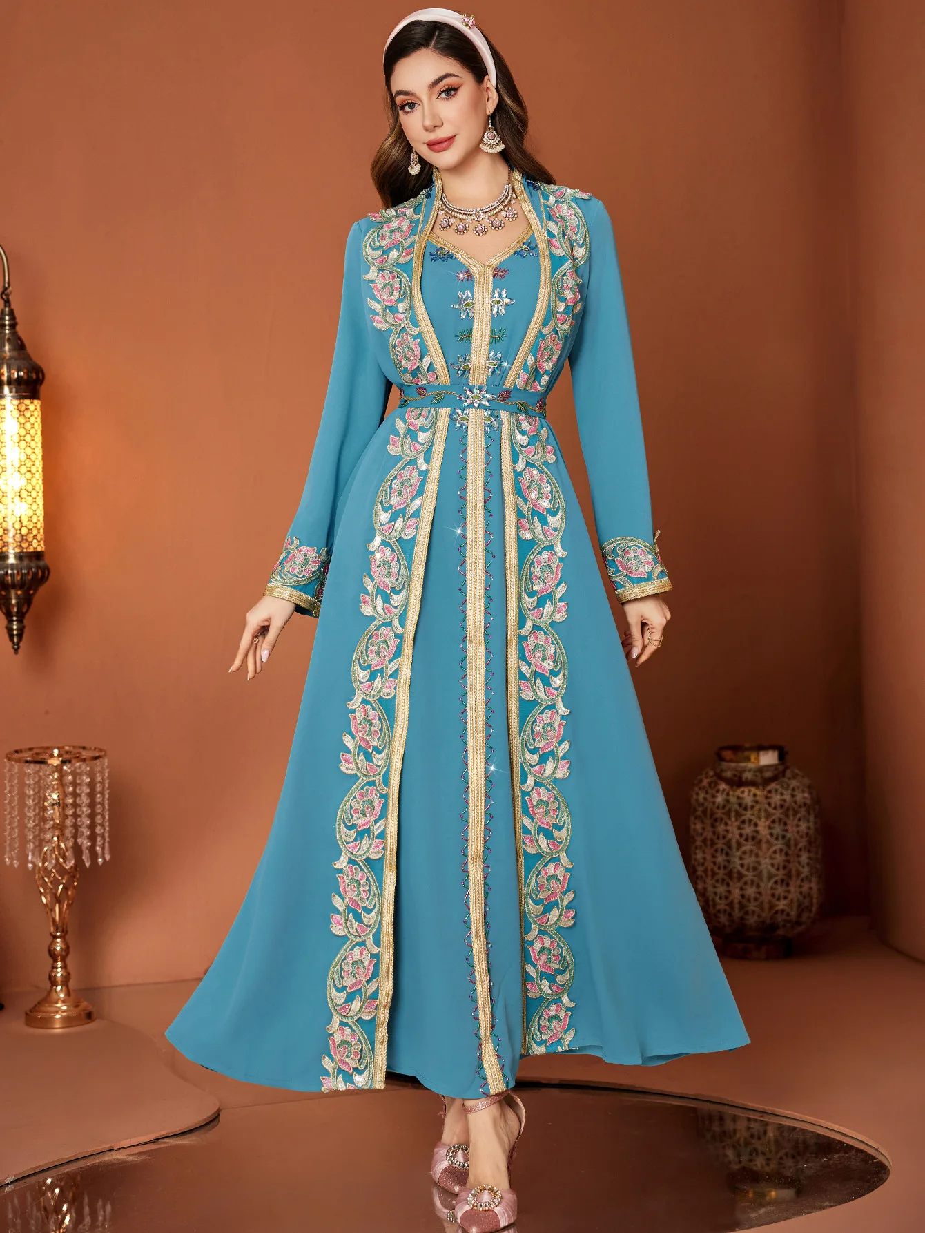 Eid Abito Musulmano Donna Abaya Pizzo Diamante Falso 2 Pezzi Abiti Lunghi Abiti Largos Partito Caftano Ramadan Dubai Abito Lungo 2025