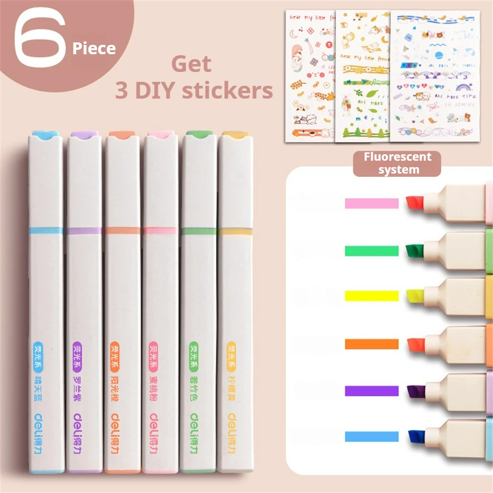 6-farbiges, schnell trocknendes Textmarker-Set mit 3 kostenlosen Aufklebern – Kawaii Manga Marker Gel-Set, Schreibwaren, Tagebuch, Schulbürobedarf Image