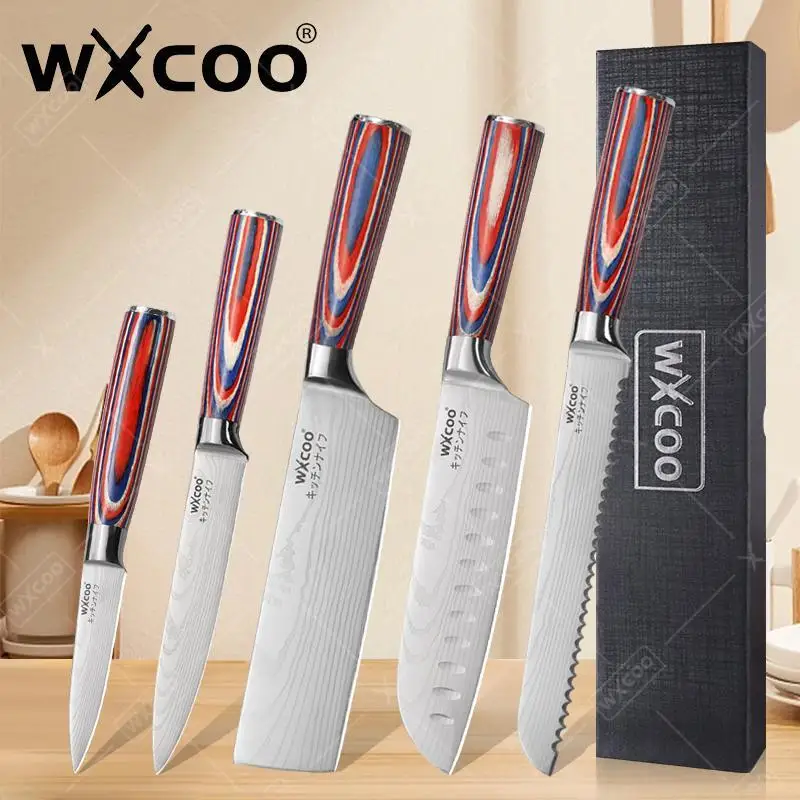 WXCOO Damaskus Laser Messer Holzgriff Slicer Gemüse Messer Geschenkbox Metzger Fleischbeil Schneiden Obst Chef Utility Messer Image