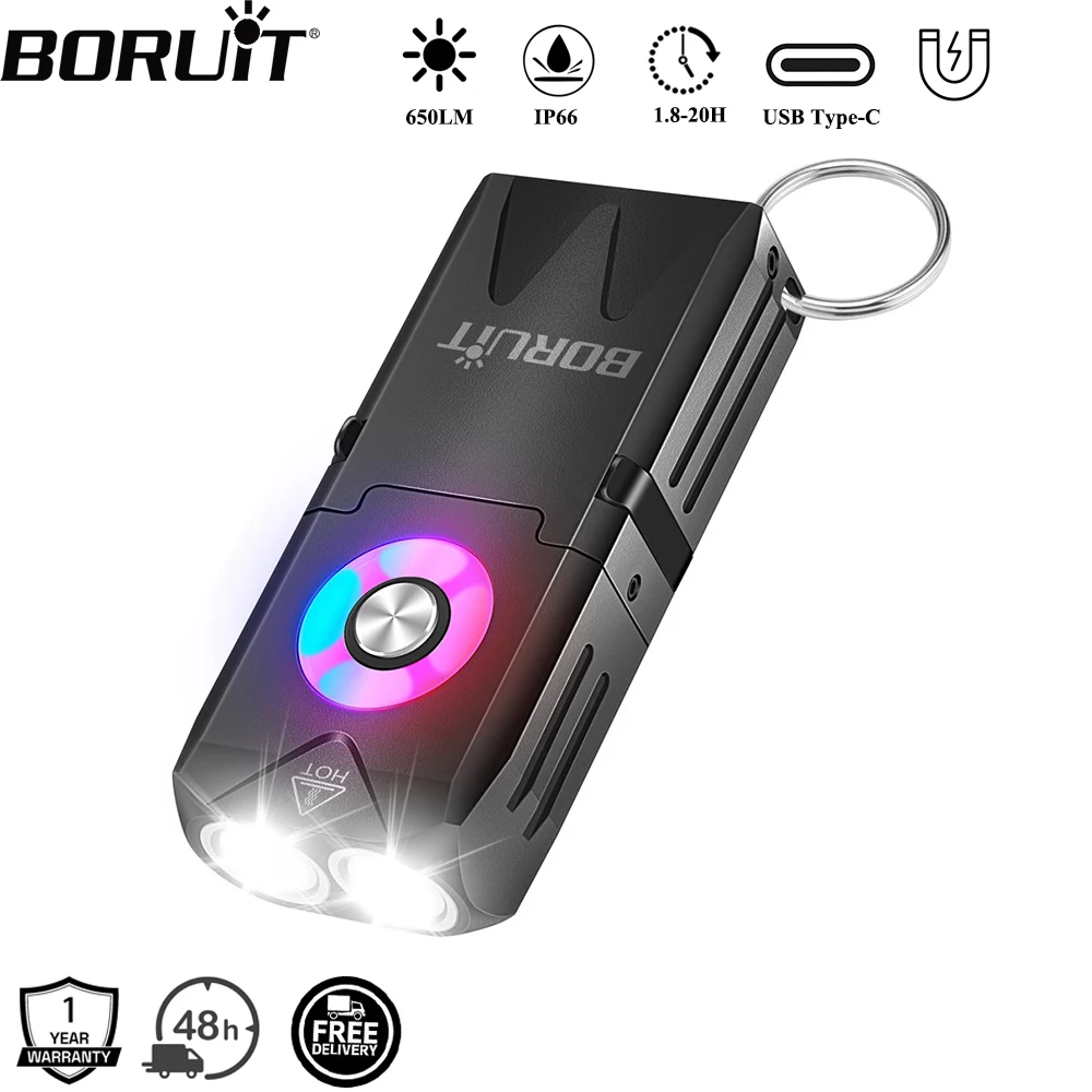 BORUiT EV25 650LM EDC Schlüsselanhänger LED-Taschenlampe Typ C wiederaufladbare RGB-Arbeitslicht-Taschenlampe mit Magnet, Camping-Taschenlaterne Image