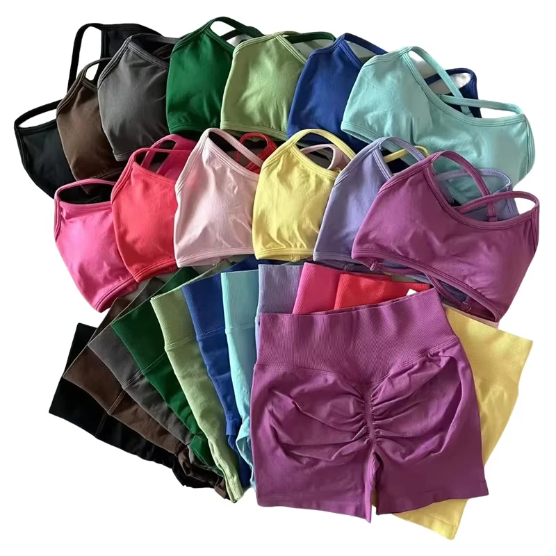 Damen Sport-BH Impact Shorts 2-teiliges Set Neckholder Shorts Set Pilates Set Yoga Weste Training Fitness BH Set