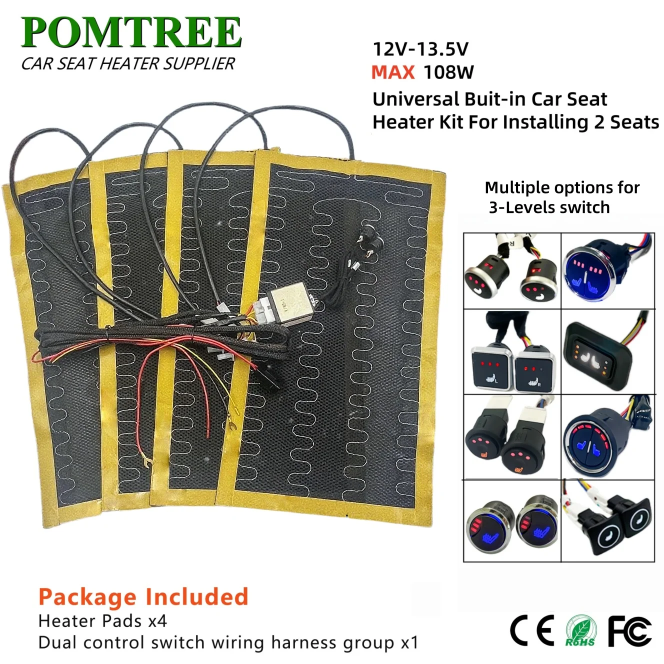 Neues integriertes Autositz-Heizungsset, passend für 1/2 Sitze, 12 V, 2/4 Stück, universelle Heizkissen aus Legierungsdraht, 3 Stufen, Dual-Control-Heizschalter Image