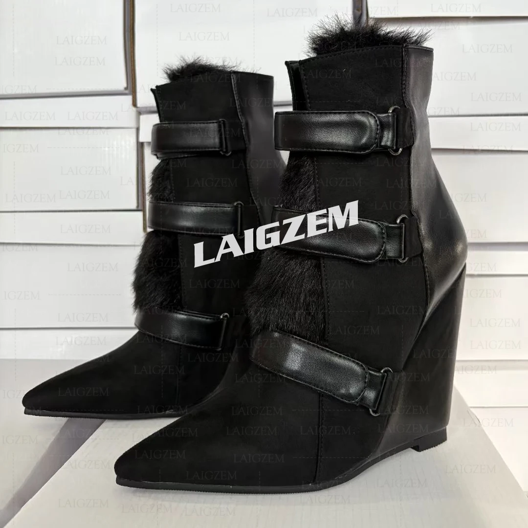 LAIGZEM Frauen Stiefeletten Keile Spitz High Heels Patchwork Handgemachte Kurze Stiefel Damen Schuhe Frau Große Größe 36 40 42 47 Image